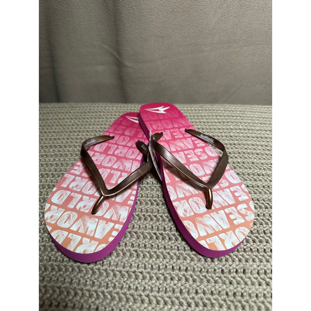 SeaWorld Womens Pink Ombre Logo Flip Flop Sandals Bronze Straps Size L 10 NEW